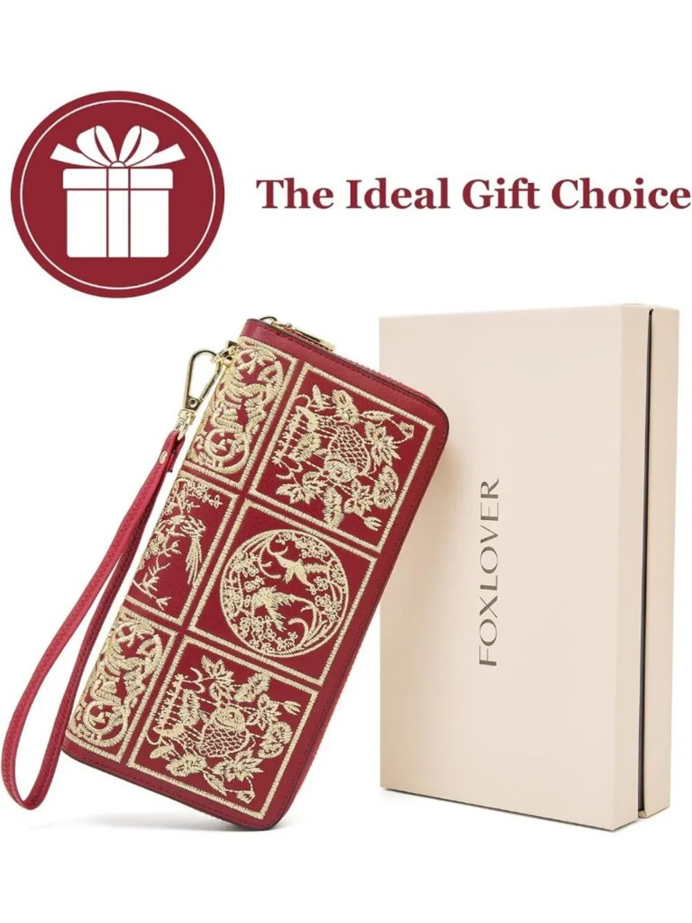 Stylish RFID Blocking Leather Wallet for Women - Embroidered Zip Wristlet Clutch